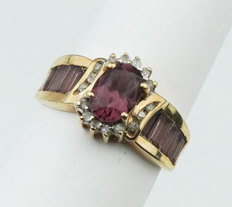 14k yellow gold ruby, diamond & amethyst ring