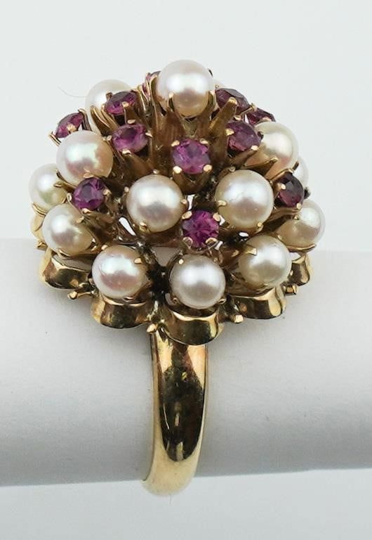 14k yellow gold pearl & ruby "princess" ring