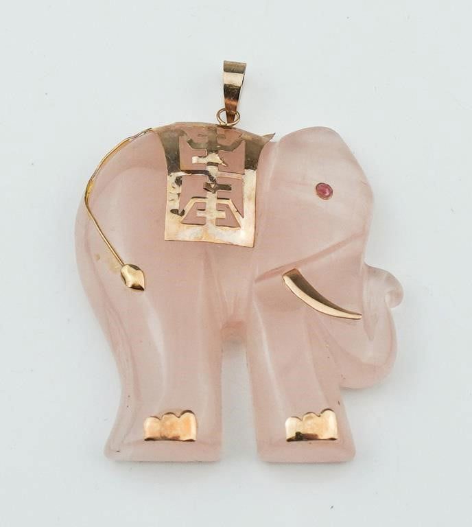 14k yellow gold pink quartz carved elephant pendant