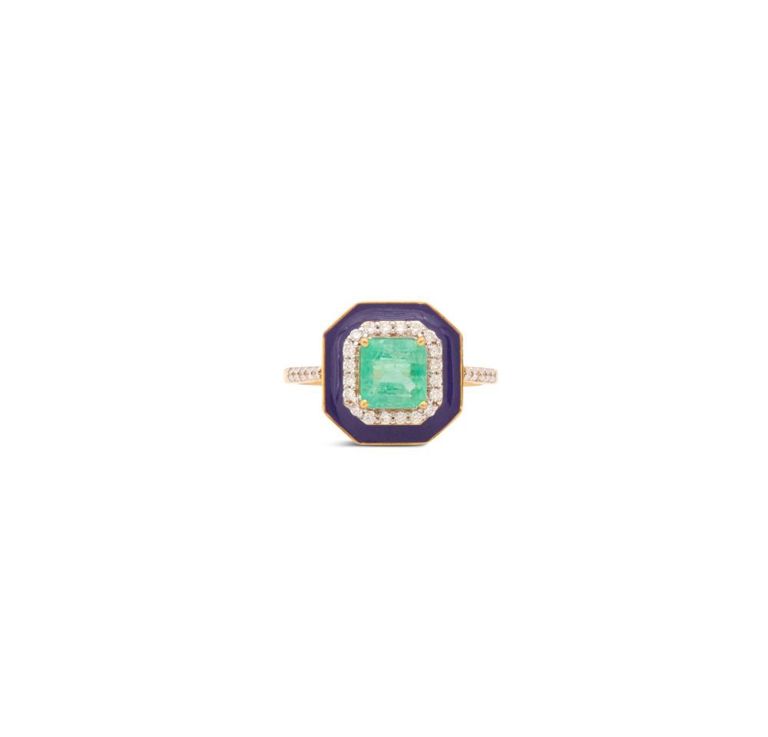 Emerald, diamond and enamel ring