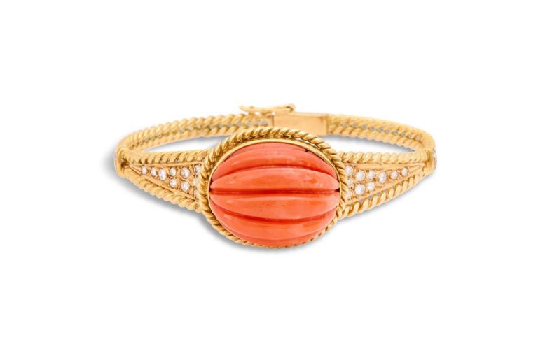 Coral and diamond bangle bracelet