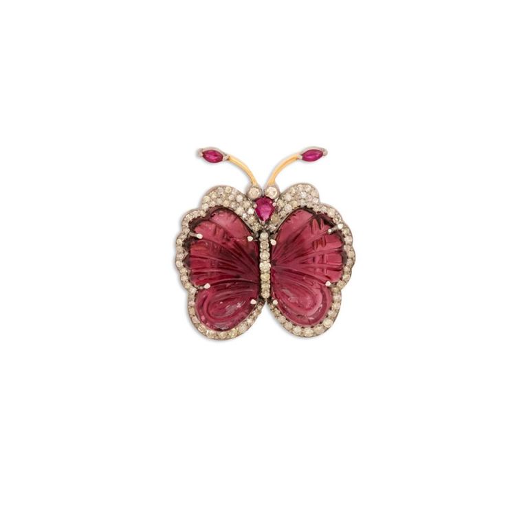 Tourmaline, diamond and ruby butterfly brooch
