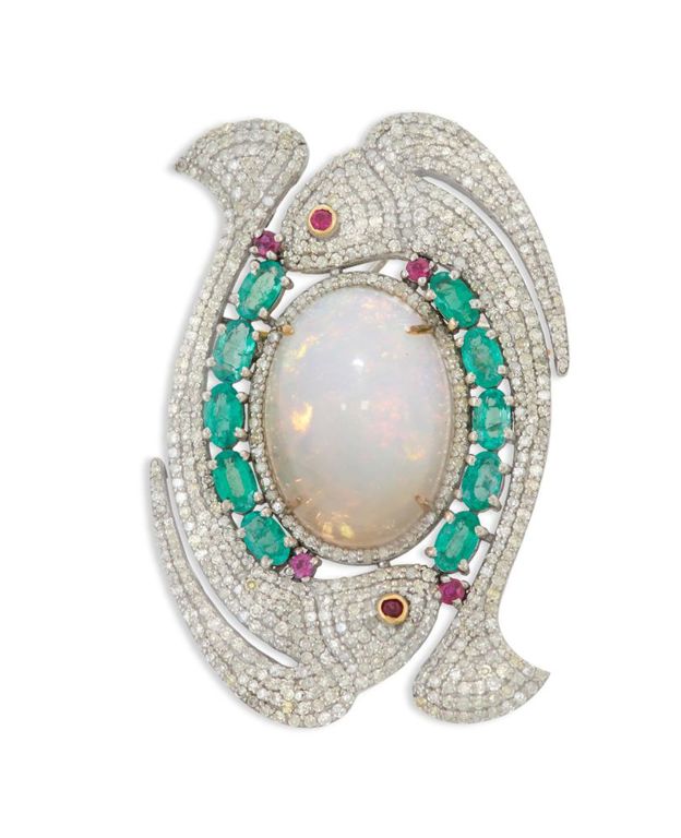 Opal, diamond, emerald and ruby fish brooch/pendant