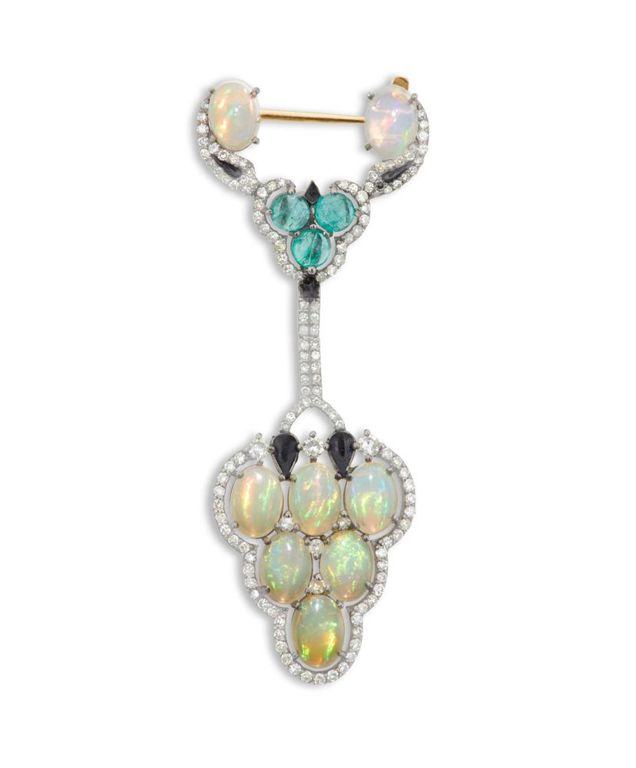 Opal, diamond and emerald brooch