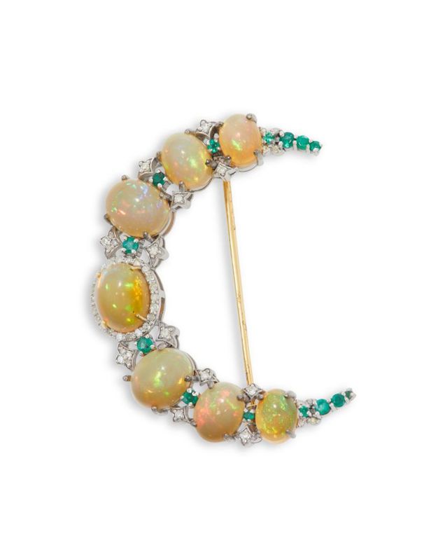 Opal, emerald and diamond crescent brooch