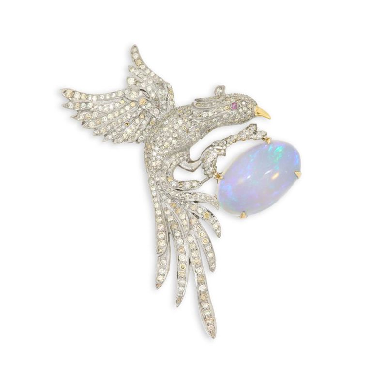 Opal, diamond and ruby bird brooch/pendant