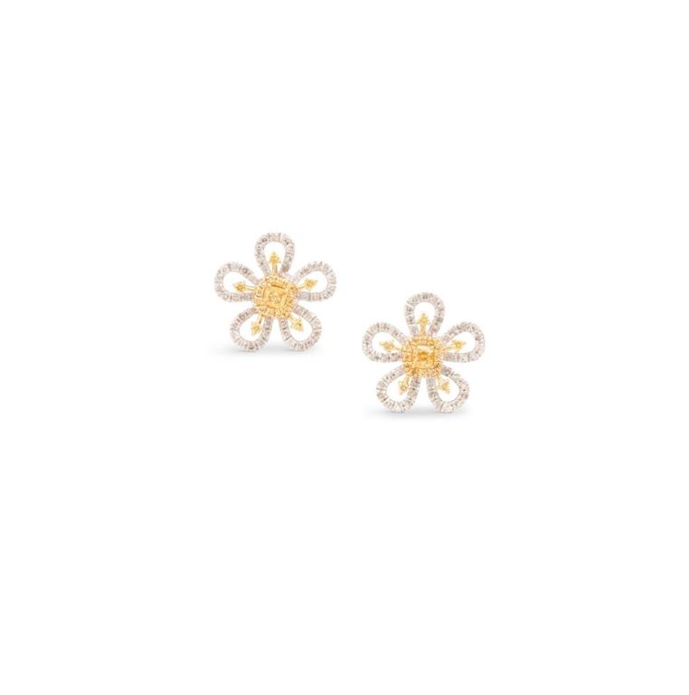 Yellow and white diamond flower earrings