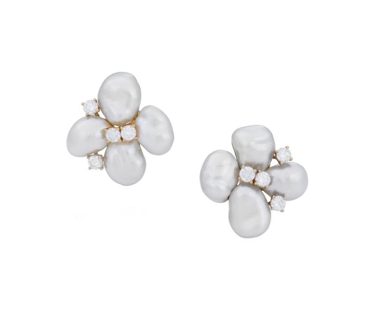 Pair of Baroque pearl and diamond ear clips