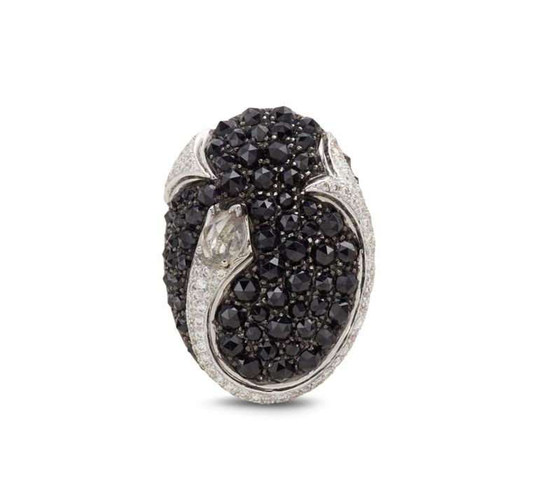 18k white gold snake ring with sapphire, diamond, and onyx