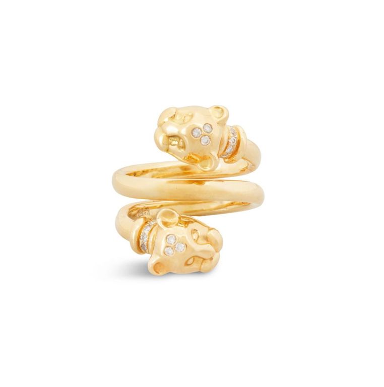 18k yellow gold coiled ring with lion cub heads and diamonds