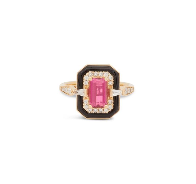 Rubellite, diamond and onyx ring