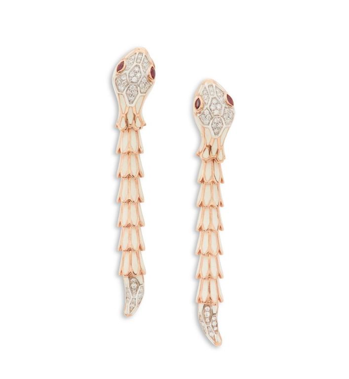 Diamond, ruby, and enamel snake earrings by Alexis