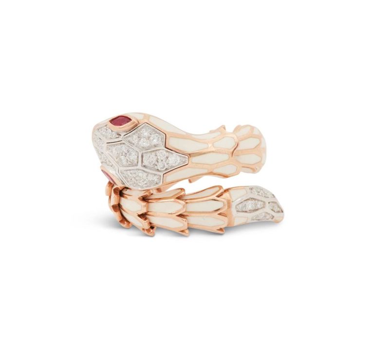 Diamond, ruby and enamel snake ring