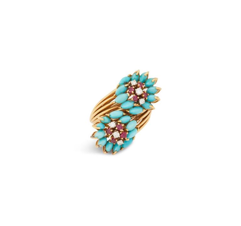 Art moderne turquoise, ruby and diamond ring