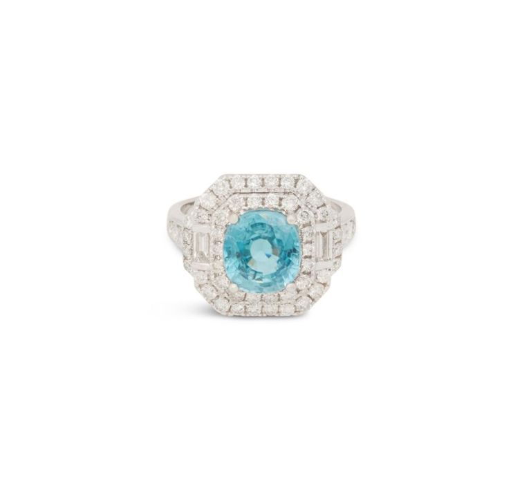 Blue zircon and diamond ring