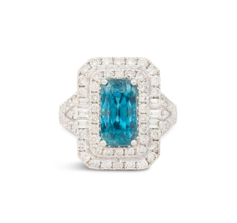 Blue zircon and diamond ring