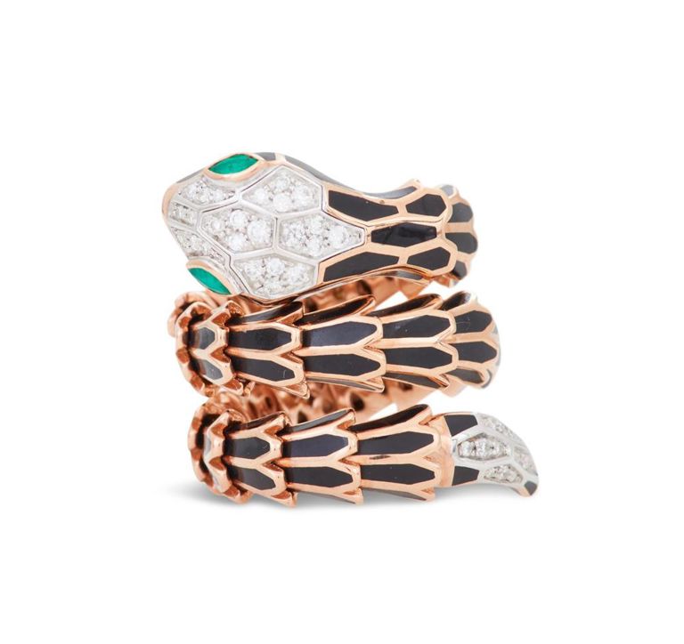 Diamond, emerald and enamel snake ring