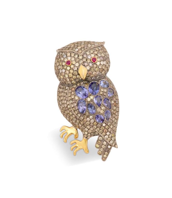 Diamond, tanzanite and ruby owl brooch/pendant