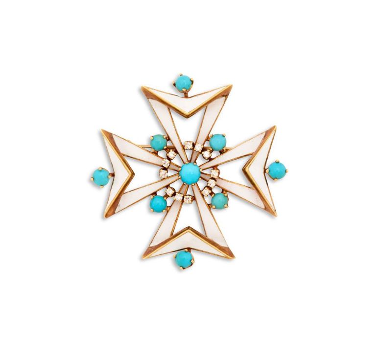 Martine diamond, turquoise, and enamel Maltese cross brooch
