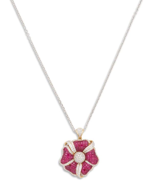 Ruby and diamond flower pendant necklace