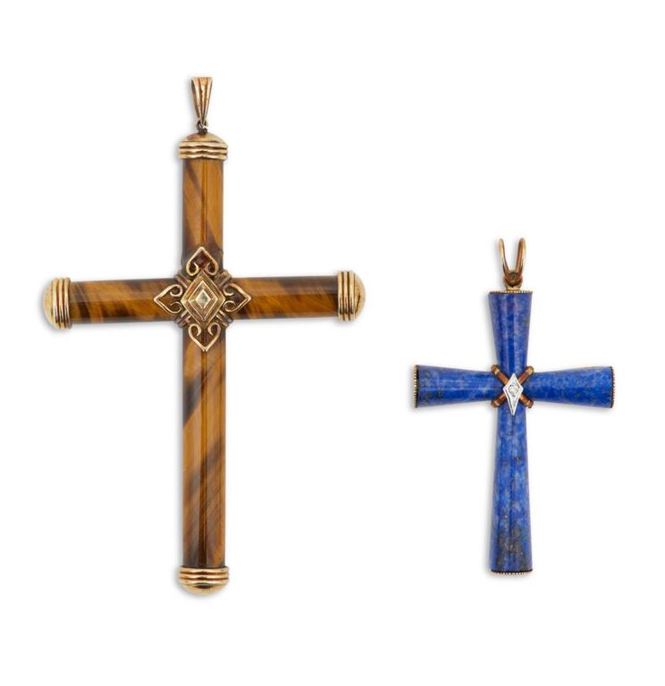 Two 14k gold hardstone crosses