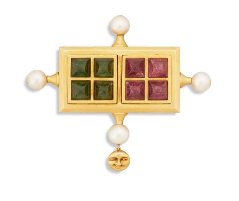 Kieselstein-Cord tourmaline and pearl brooch