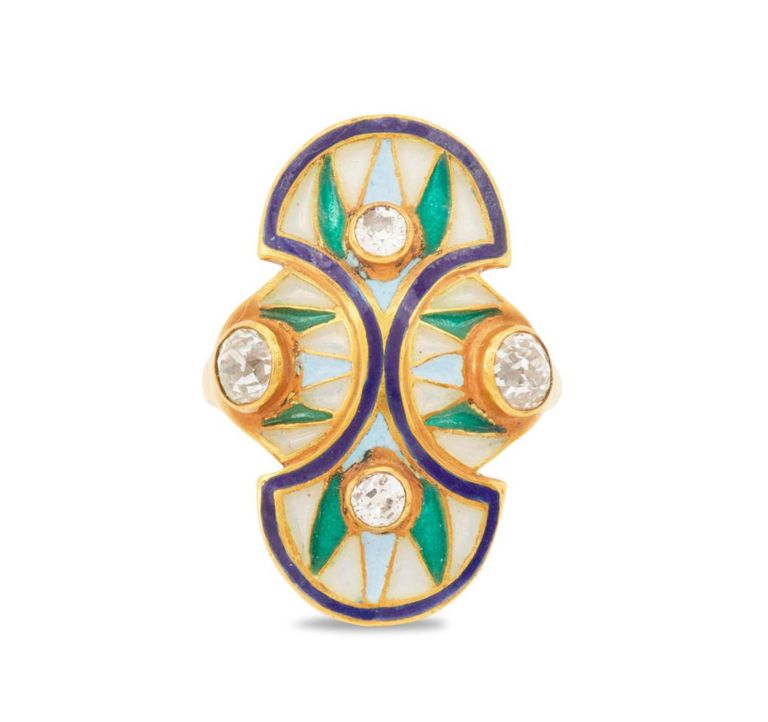 Art nouveau diamond and enamel ring