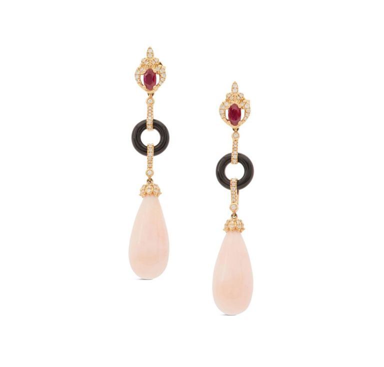 Pair of pink opal, diamond and onyx earrings