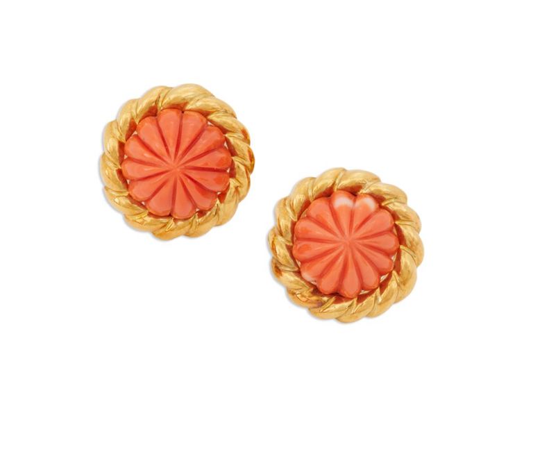 Pair of carved coral ear clips