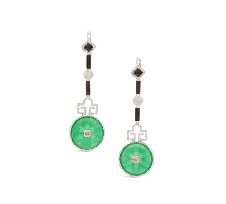 Pair of jadeite, diamond and onyx earrings