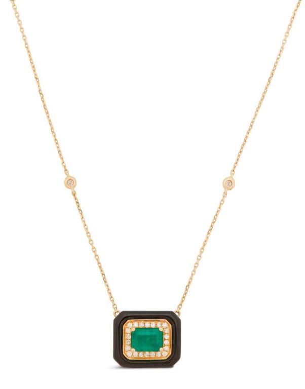 Emerald, diamond and onyx pendant with chain