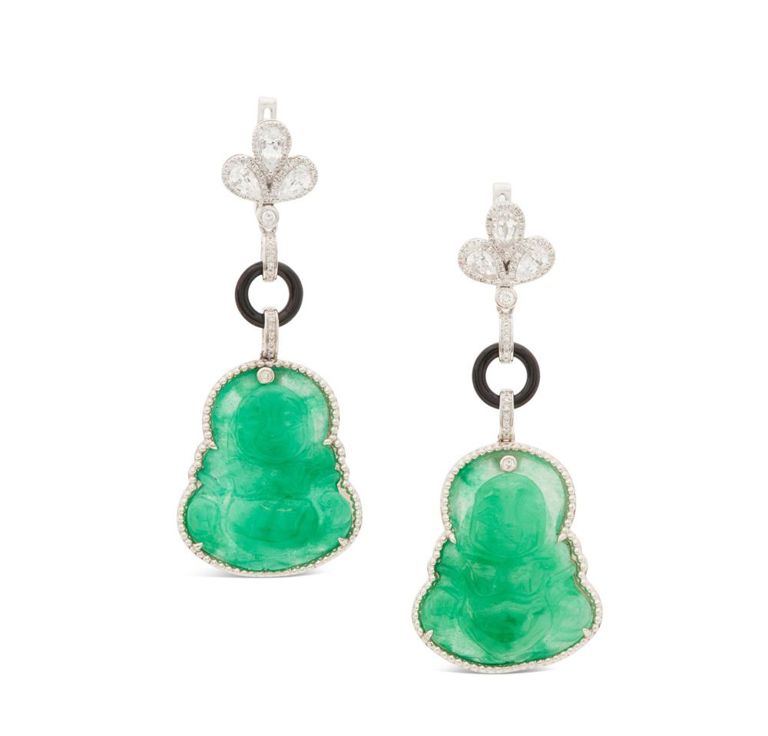 Pair of jadeite, diamond and onyx earrings