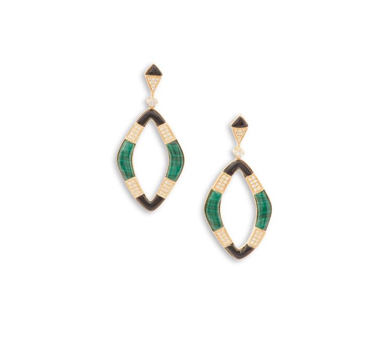 Pair of malachite, diamond and onyx earrings