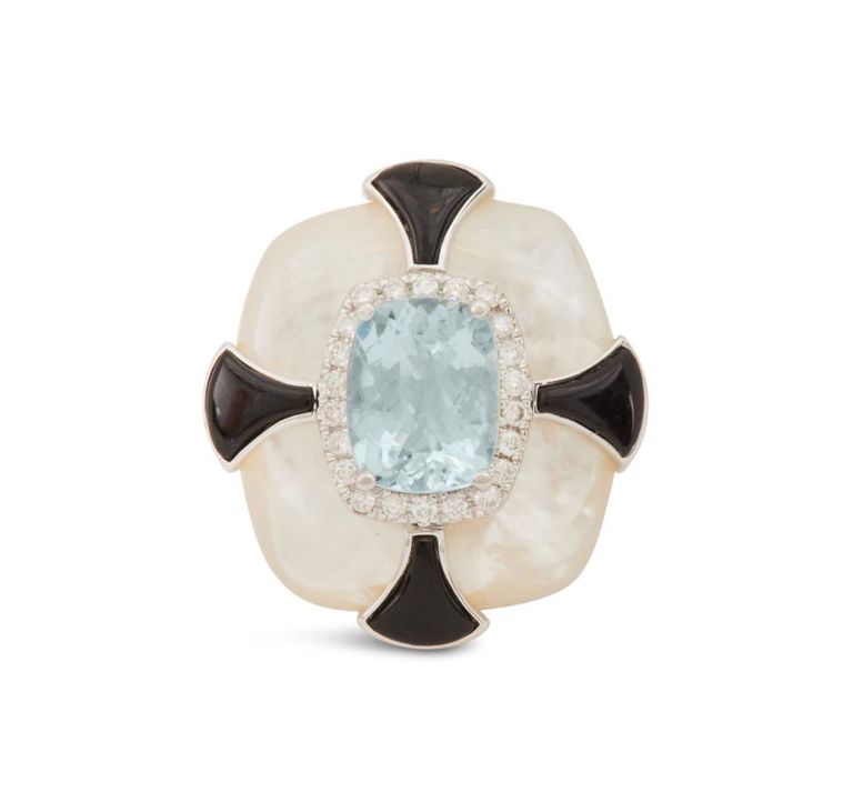Aquamarine, diamond and mother-of-pearl ring