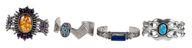 Four native american gemstone and sterling bracelets