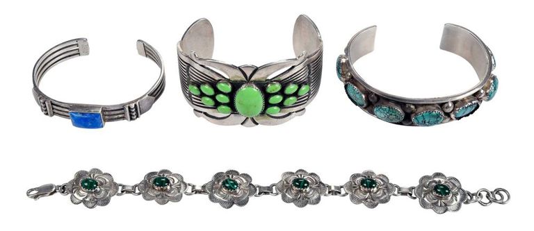 Four native american gemstone and sterling bracelets