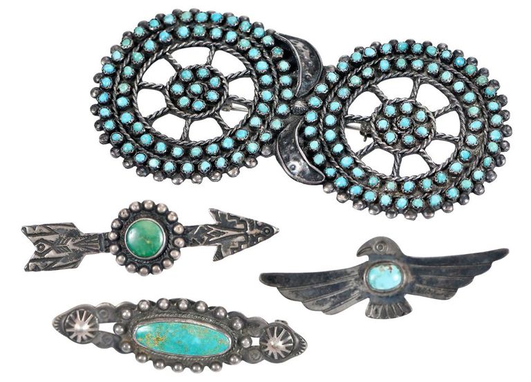 Needlepoint brooch and three bar brooches
