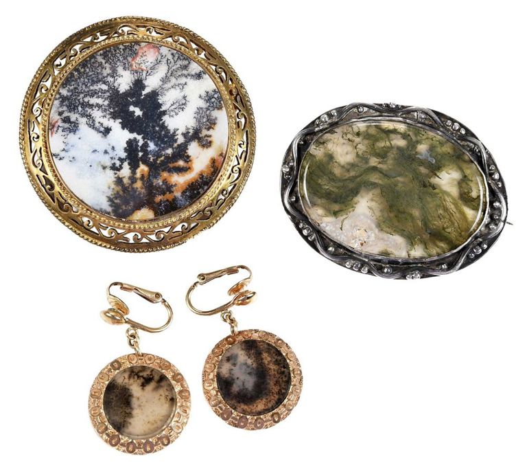 Two moss agate brooches and pair of earrings