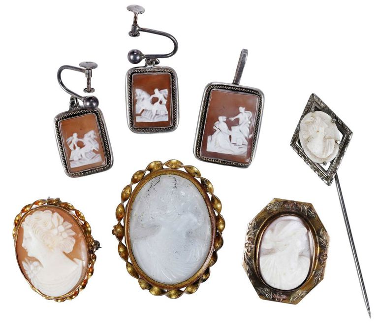 Six Victorian cameos: brooches, pendant, earrings, and stickpin