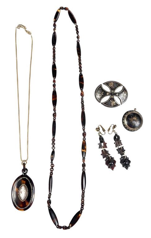 Tortoiseshell suite: two necklaces, earrings, pendant, and brooch
