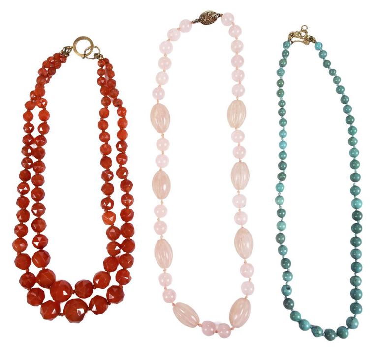 Three gemstone bead necklaces: carnelian, turquoise, rose quartz