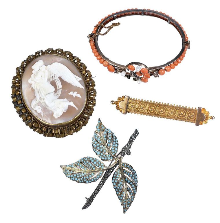 Three brooches and coral and pearl bracelet