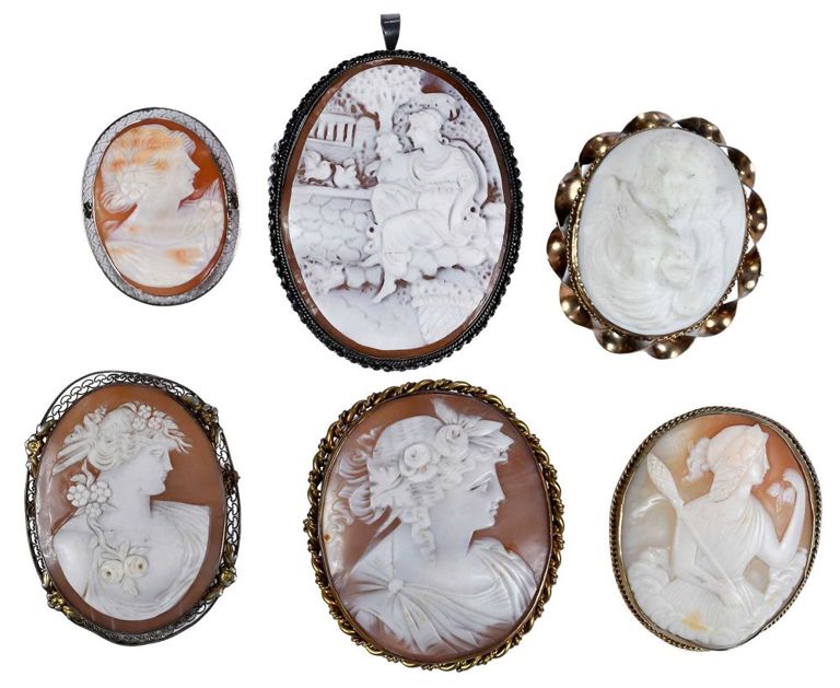 Six Victorian cameo brooches