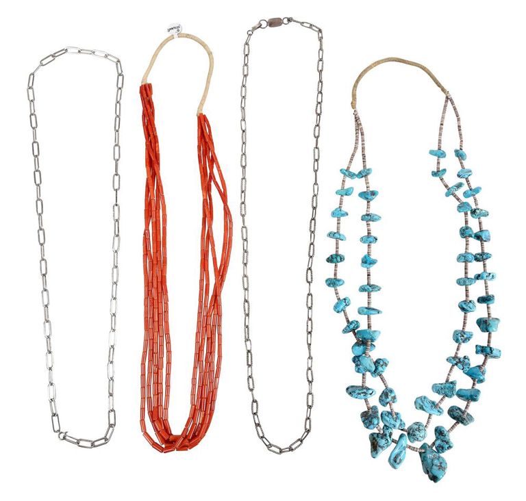 Two Native American necklaces and two sterling silver chains