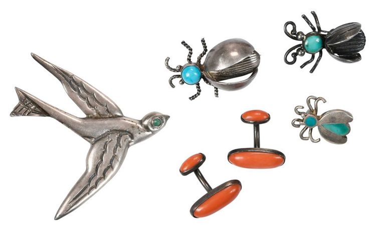 Four sterling brooches and coral cufflinks