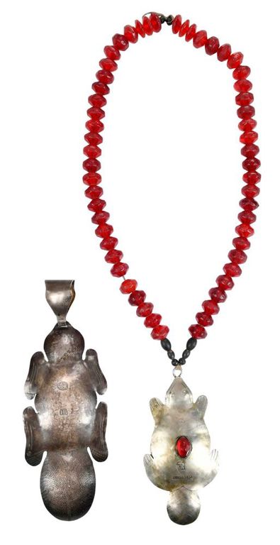 Two "HB" Montreal beaver gorget pendants and glass trade beads