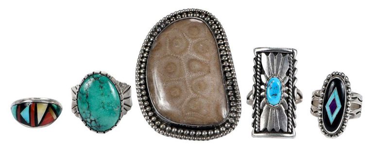 Five hardstone and sterling rings