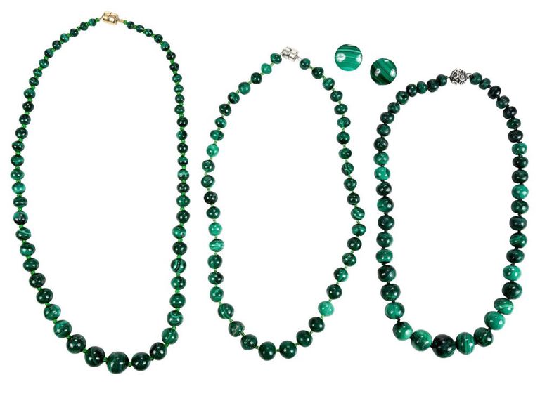 Three malachite necklaces and pair of earrings