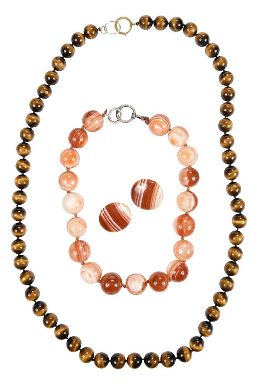 Banded agate bead necklace and earrings and tiger's eye bead necklace