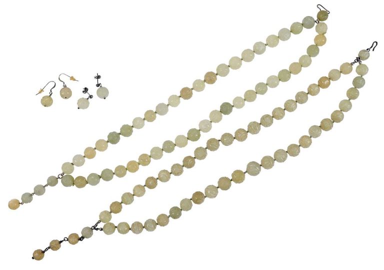 Carved jade bead strands, earrings, and chinese bookmarks